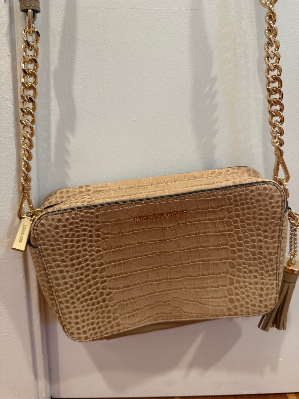 Michael Kors Taupe Croc-Embossed Crossbody with Gold Chain